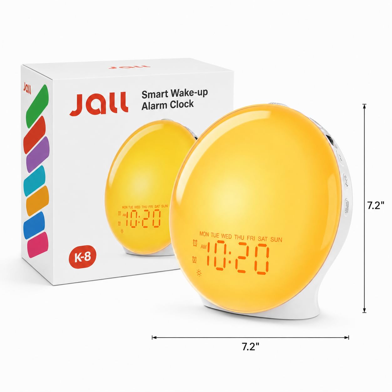 JALL Full-Screen Wake Up Light Sunrise Alarm Clocks for Bedrooms, White Noise Machine for Heavy Sleepers, 25 Natural Sounds, Dual Alarms, FM Radio, 17 Dimmable Colors, Bluetooth Speaker