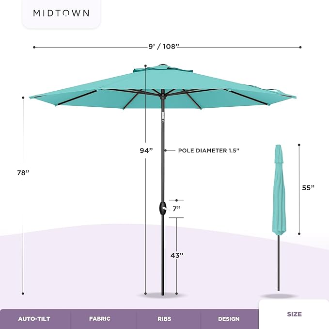 Midtown Umbrellas 10-Year-No-Fade - 9 Ft - UV Proof Apple Red Polyester Fabric - Umbrella Outdoor Patio, Auto-Tilt Aluminum Frame Patio Umbrella for Garden, Pool & Deck - Black Pole