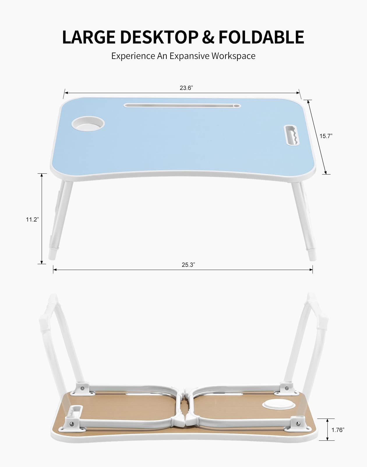 ZEAPTAC Laptop Bed Desk, Foldable Lap Desk, Portable Lap Table, Laptop Stand with Cup Holder, Tablet Slot & Lifting Handle for Work, Write, Draw & Eat on Bed, Sofa or Couch - Blue