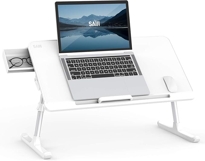 SAIJI Laptop Bed Tray Table, Adjustable PVC Leather Laptop Bed Table, Portable Standing Desk with Storage Drawer, Foldable Lap Tablet Table for Sofa Couch Floor (Large,White)