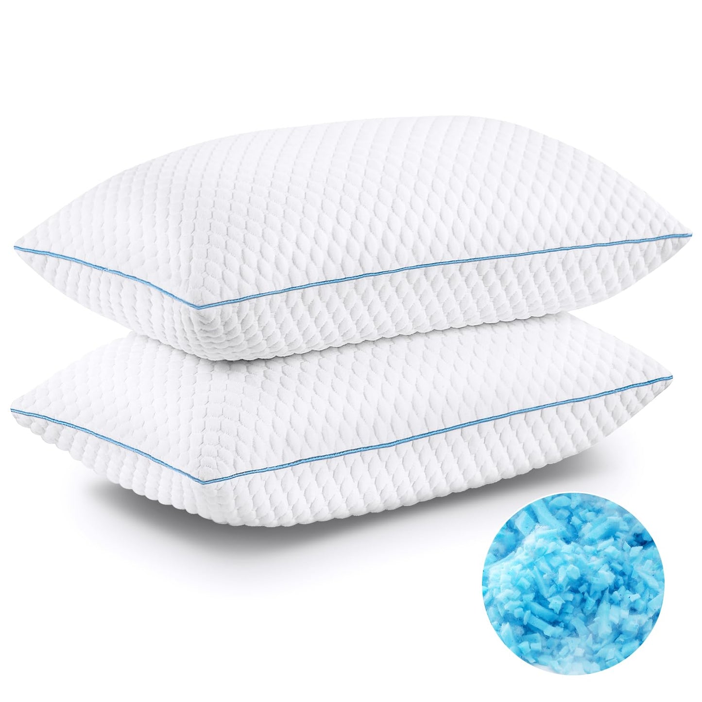 VVZ Cooling Bed Pillows Standard Size Set of 2,Shredded Memory Foam Pillows with Gel, Adjustable Firmness for Side, Back, Stomach Sleepers, 20x26, White