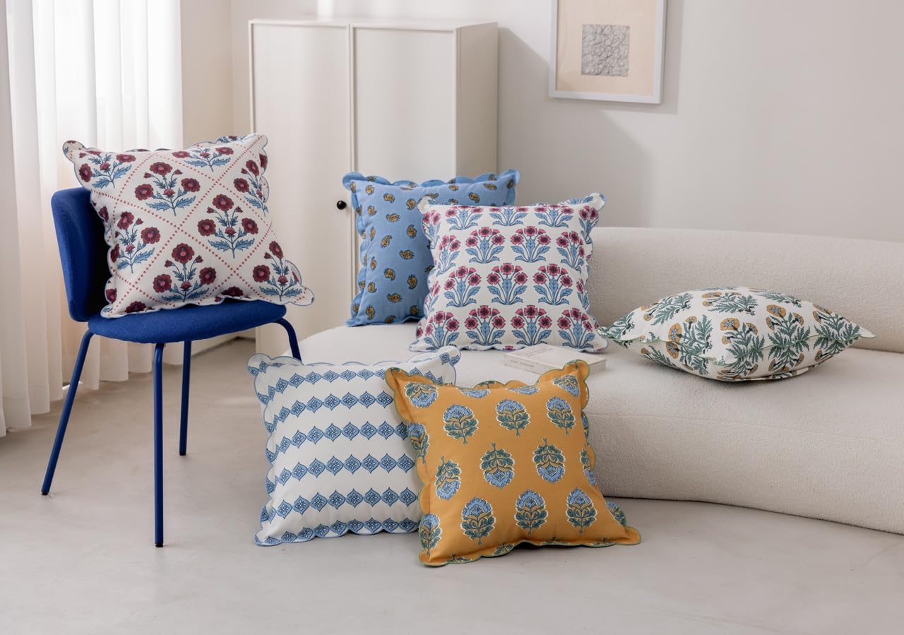 DrapePalette - Scalloped Throw Pillow Covers with Block Print Floral Patterns and Hidden Zipper - Blue Paisley, 20 x 20 Inches Pack of 1 - Soft Indoor Pillow Case for Livingroom, Bedroom, or Lounge