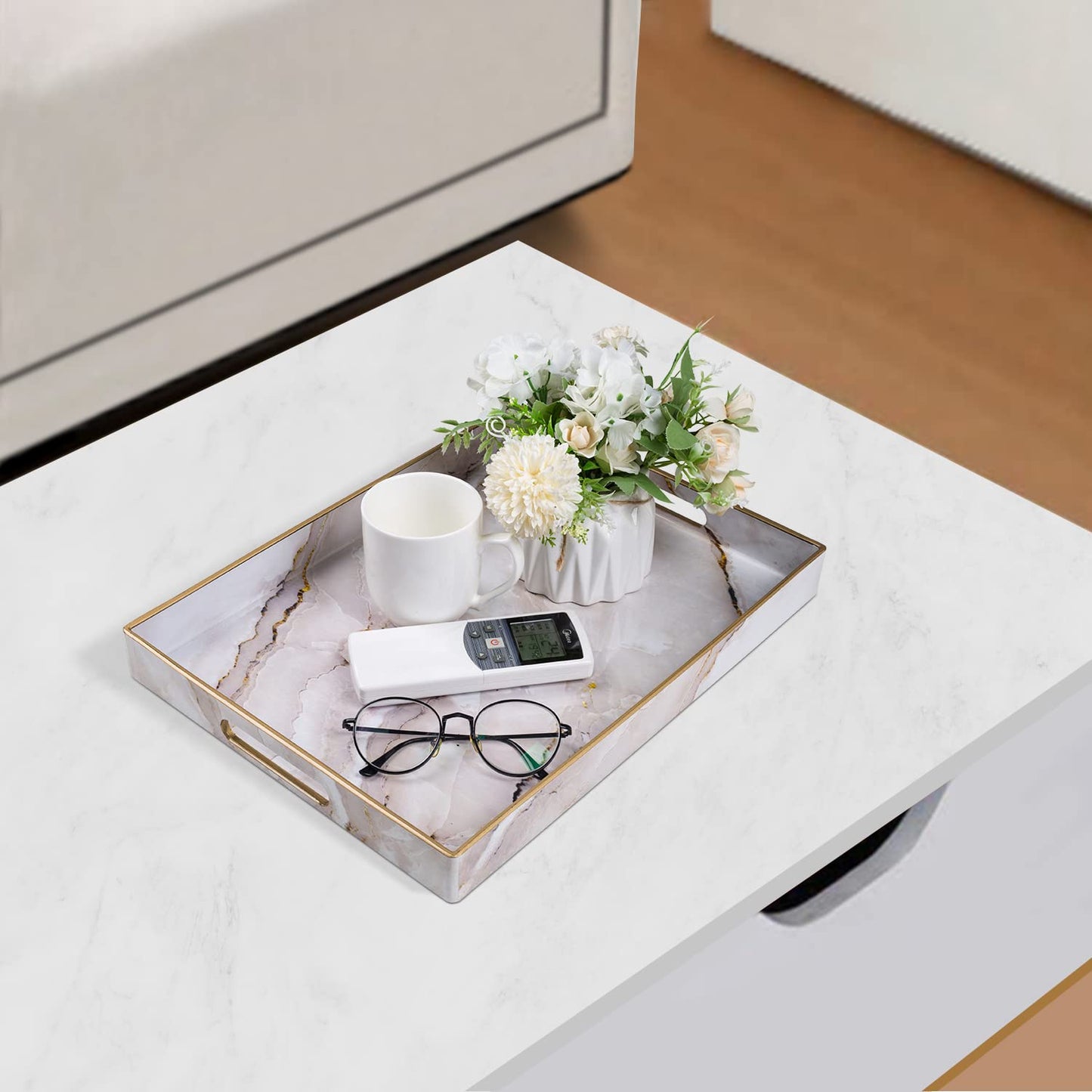 MAONAME Plastic Decorative Tray, Marbling Tray with Handles, Rectangular Coffee Table Trays, Serving Trays for Ottoman, Bathroom, Kitchen, 15.7” x 11.8”, White