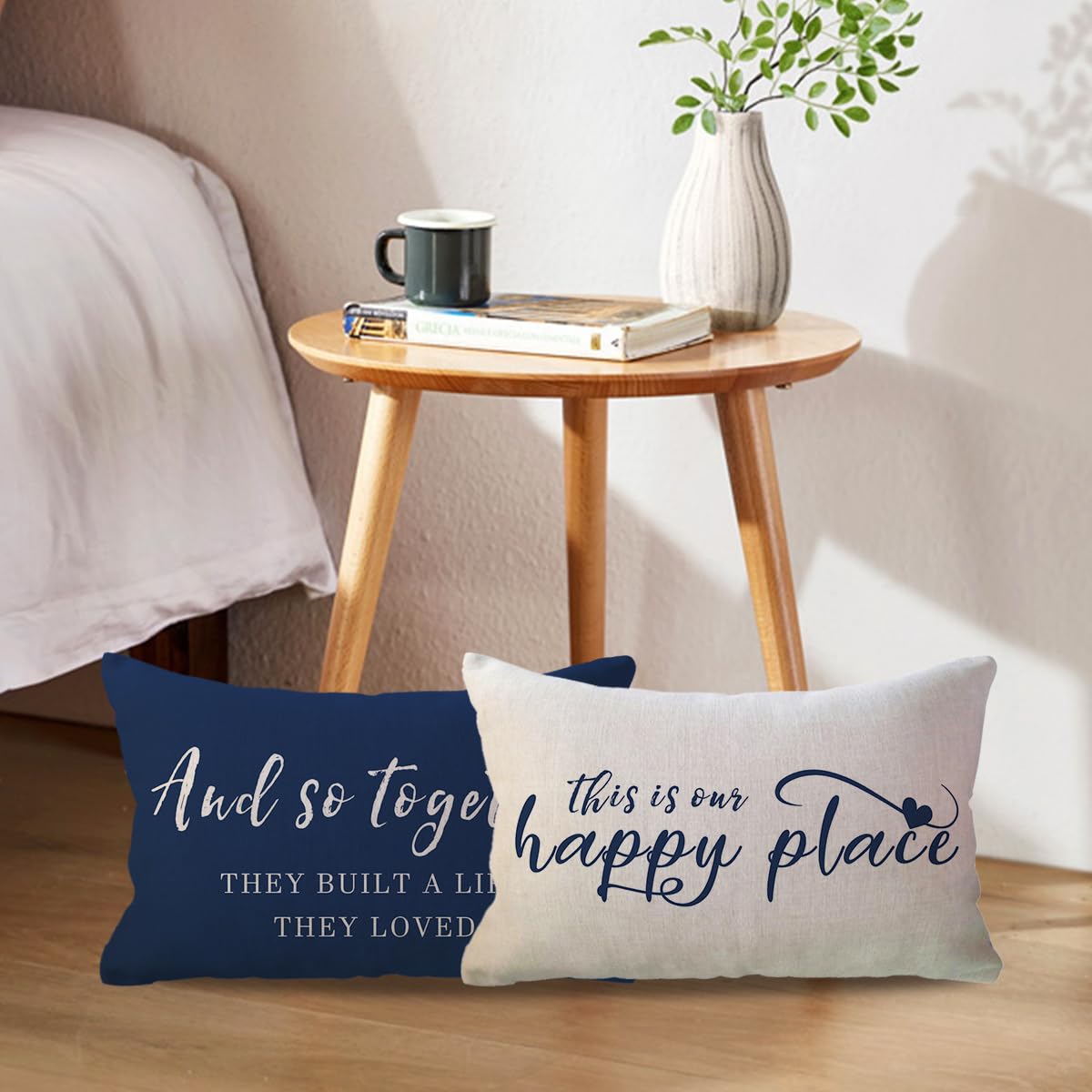 ULOVE LOVE YOURSELF Home Saying Throw Pillow Covers with Our Happy Place Quote Rustic Farmhouse Decor Lumbar Pillow Cases 12" x 20",2Pack Housewarming Gifts for Sofa/Couch/Porch (Blue)