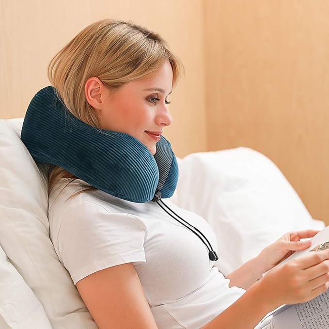 Memory Foam Neck Pillow with 360-Degree Head Support Lightweight Comfortable Travel Airplane Pillow with Storage Bag for Sleeping, Traveling,Car, Train, Bus and Home Use(Blue)