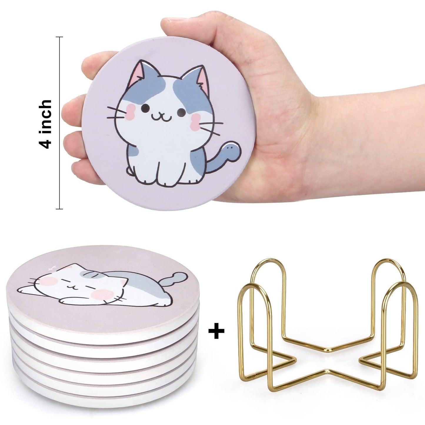 Cute Coaster Set of 6 Cat Lover Gift for Coffee Table Ceramic Coasters with Holder Drink Coaster Unique Cat Themed Gifts Kawaii Anime Decor Office Desk Beverage Coster Funny Cool Bar Cup Coasters