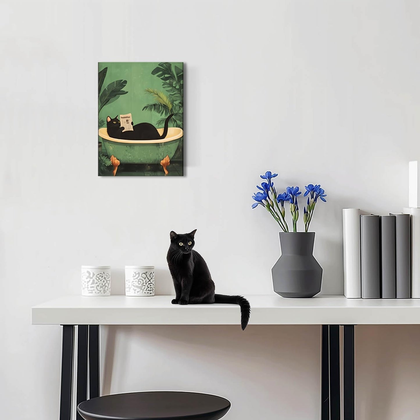 Funny Bathroom Black Cat Wall Art Set of 3, Whimsical Animal Bathroom Wall Decor Painting Maximalist Quirky Dark Pet Cat Toilet Canvas Poster Prints Aesthetics, Framed 12x16 inch