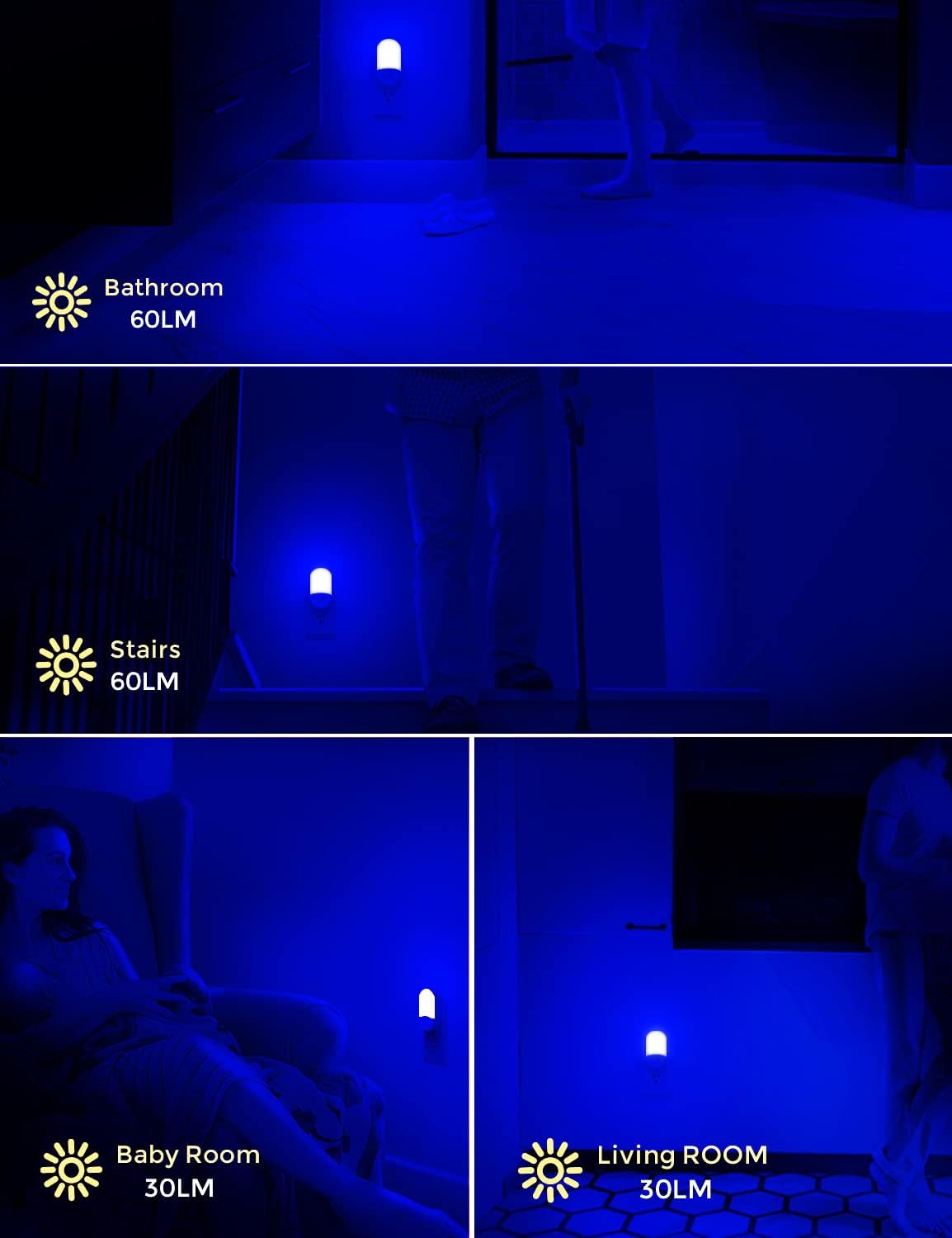 L LOHAS LED Blue Night Light Plug in, Blue LED Night Lights Plug into Wall, Adjustable Brightness, 0.6W LED Night Lights for Kids Bathroom Bedroom Independence Day Decorations, 4 Pack