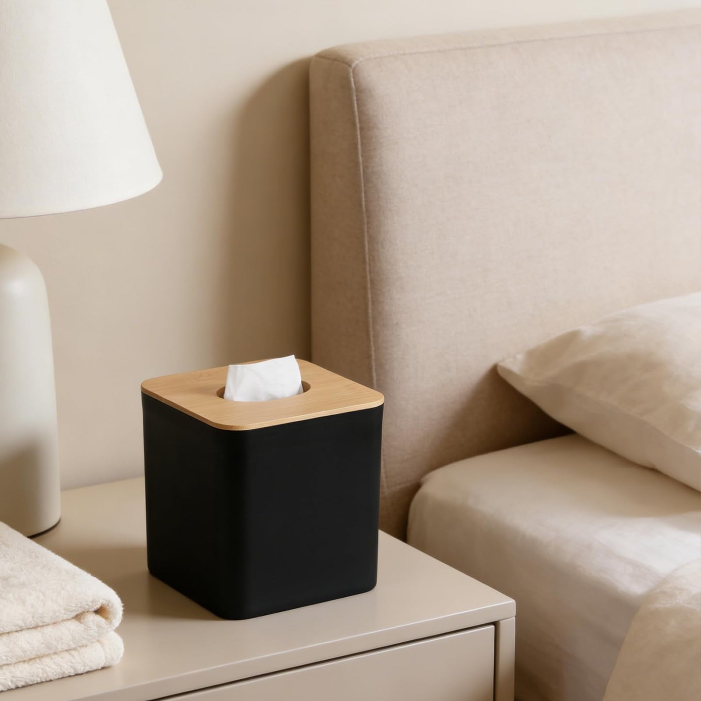 4 Pack Black Tissue Box Cover Square with Bamboo Cover Plate, Cube Modern Decorative Facial Tissue Cover Tissue Holders for Bathroom Bedroom Living Room Office