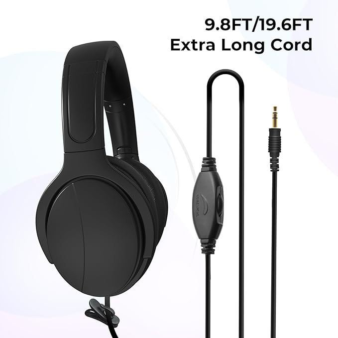 Long Cord Tv Headphones for Seniors with Volume Control Wired Over The Ear Headphone Corded Extra Long Cord Length Universal 3.5mm AUX Audio(10FT)