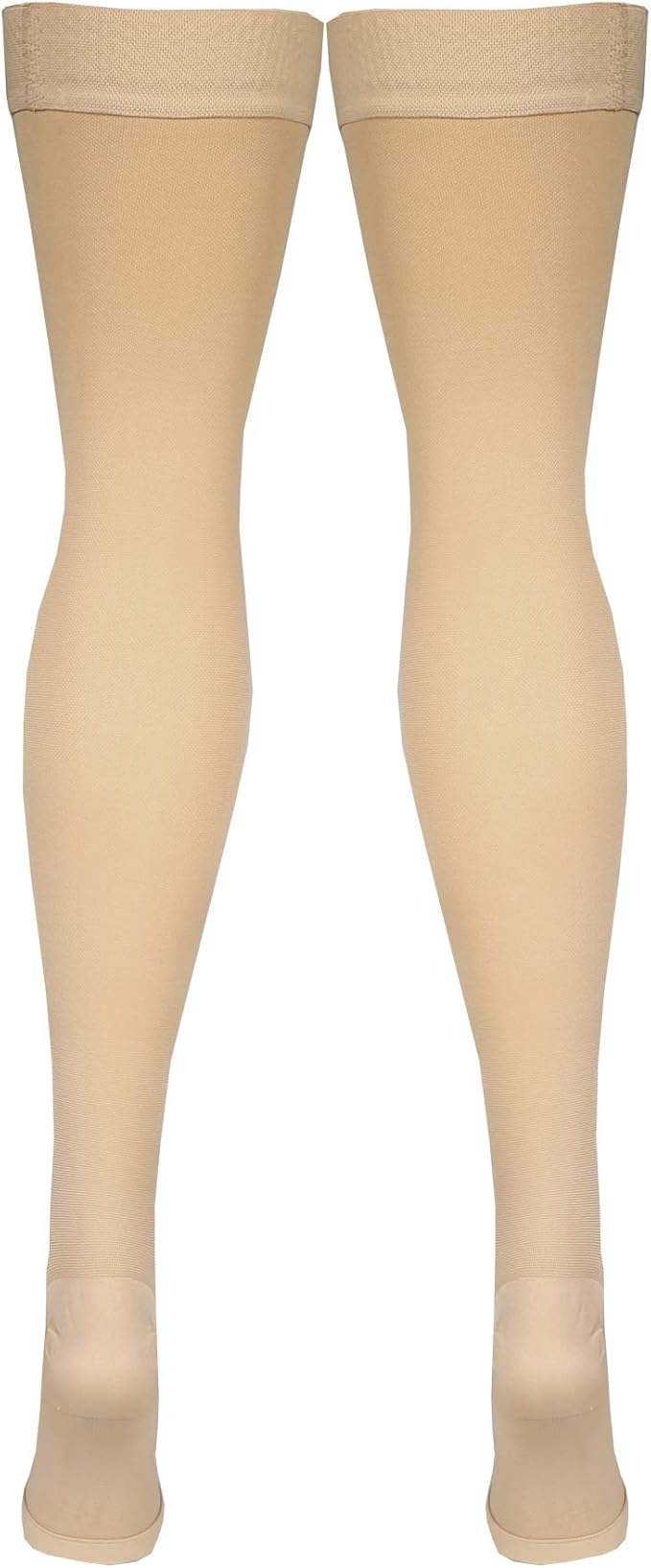 Amazon Basic Care Medical Compression Stockings, 20-30 mmHg Support, Women & Men Thigh Length Hose, Open Toe, Beige, 2X-Large (Previously NuVein)