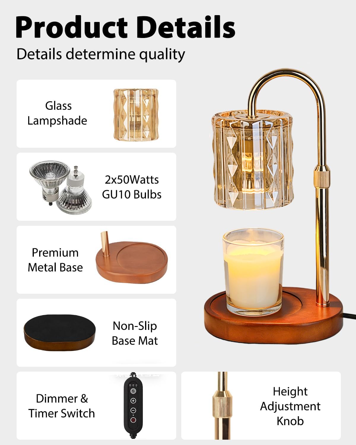 HAIDOLIANG Candle Warmer Lamp with Timer - Adjustable Height and Stepless Dimmable, Birthday Gifts for Women/Mom, Unique Teacher Appreciation Gifts