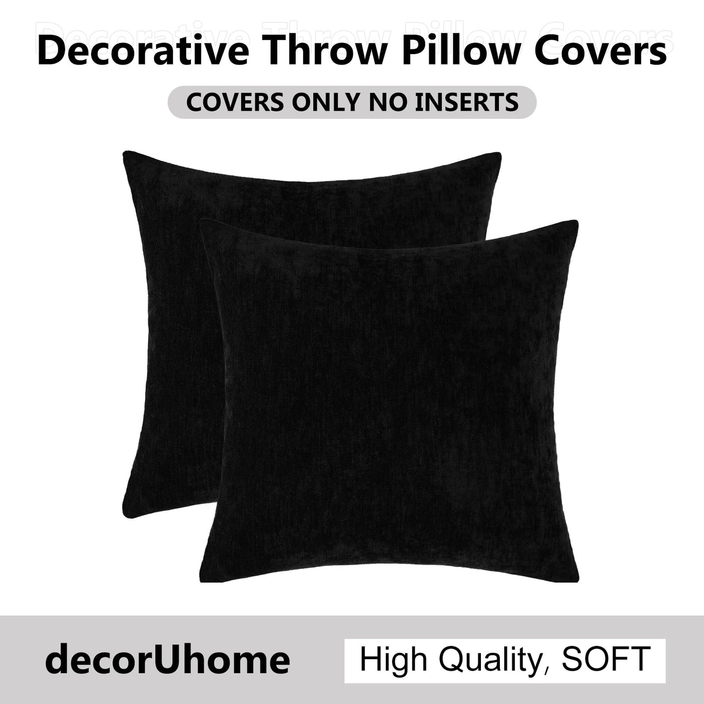 decorUhome Chenille Black Throw Pillow Covers 18x18 Inch Set of 2, Decorative Soft Couch Pillow Covers Solid Dyed Accent Farmhouse Neutral Square Pillow Cases for Sofa