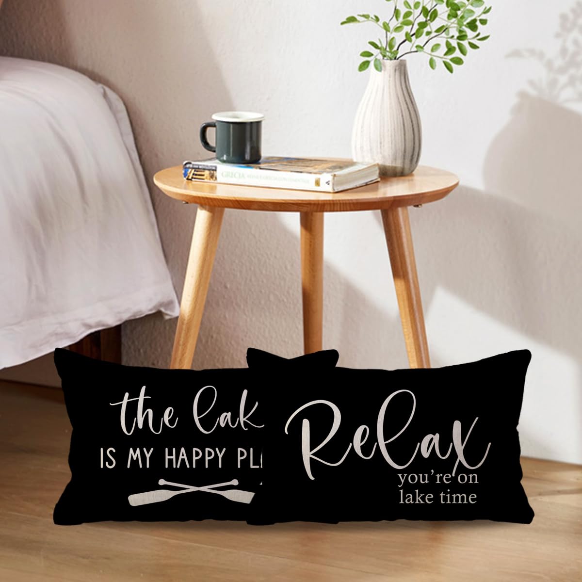 ULOVE LOVE YOURSELF 2Pack Lake Cabin Decor Lumbar Throw Pillow Covers 12x 20Inch Relax You’re On Lake Time Pillowcases Summer Lake House Decorative Waist Cushion Cover for Sofa Couch Porch (Black)