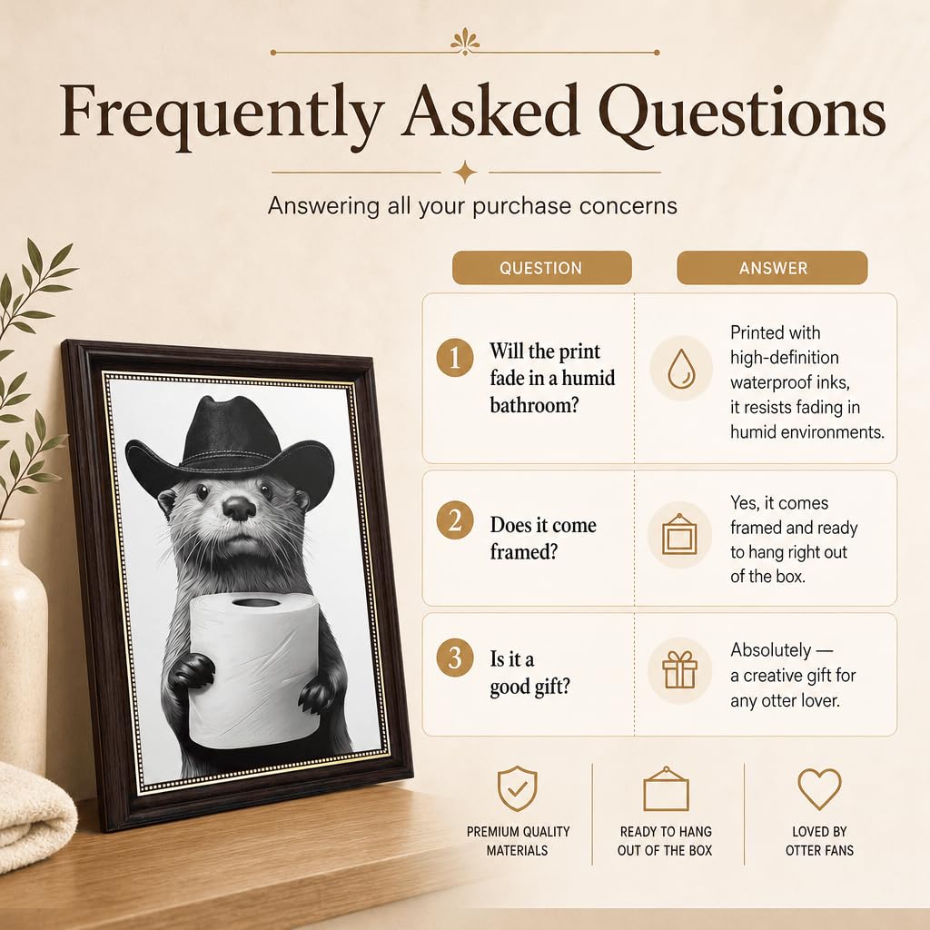 RVETNGVM Funny Otter Bathroom Wall Art - Cowboy Otter with Toilet Paper Print, Black and White Whimsical Animal Art for Guest Bathroom, Otter Lover Gift, Humorous Bathroom Decor 9x11 Inch