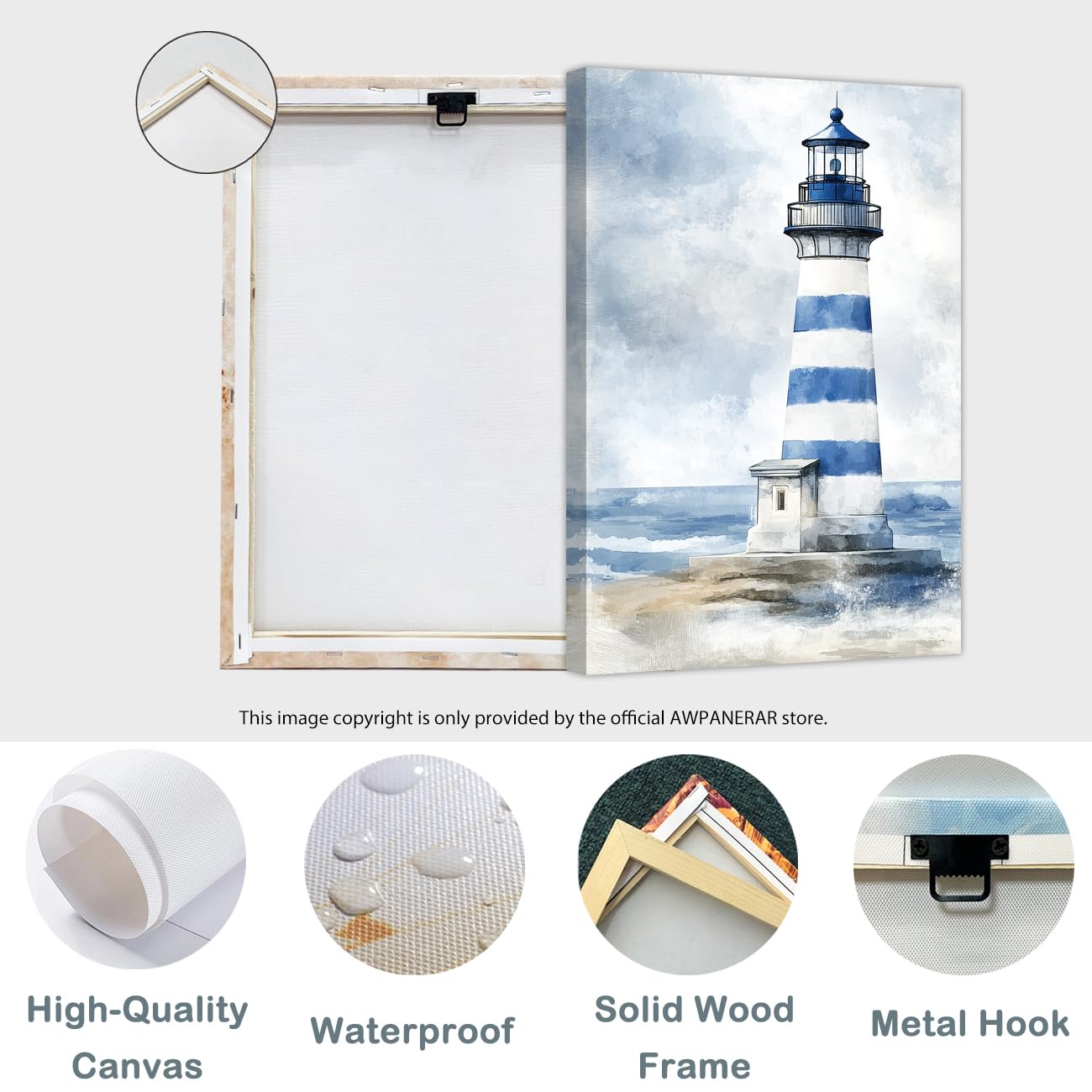 AWPANERAR Lighthouse Pictures Wall Art Nautical Bathroom Canvas Print Lighthouse and Cabin Painting Coastal Seascape Artwork Beach Poster Home Decor Framed (Blue, (18L x 12W))