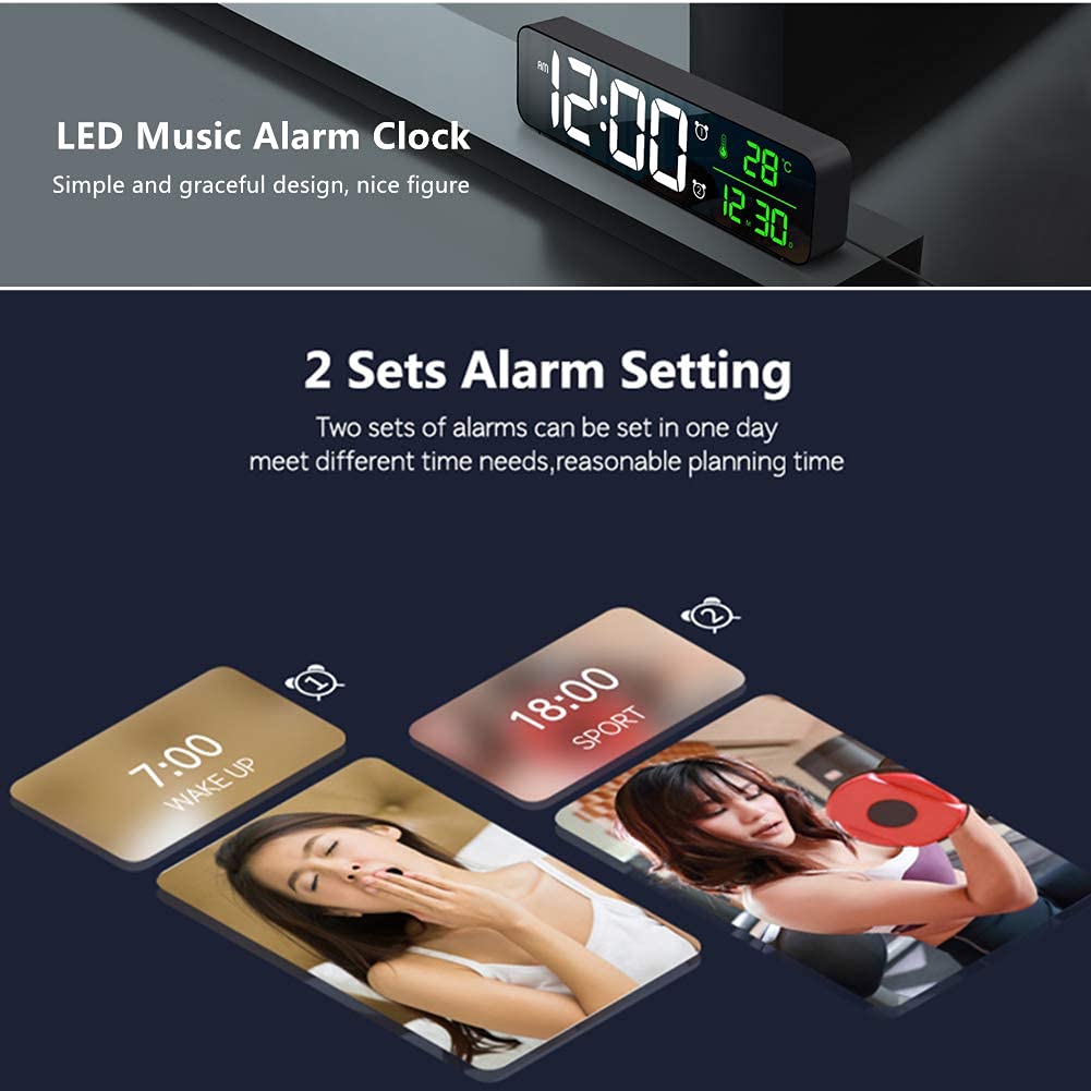 Digital Clock Large Display, Alarm Clock for Living Room Office Bedroom Decor, LED Corded Electric, Date Temp Display Wall Clock, Automatic Brightness Dimmer Smart Cool Modern Desk Accessories Black