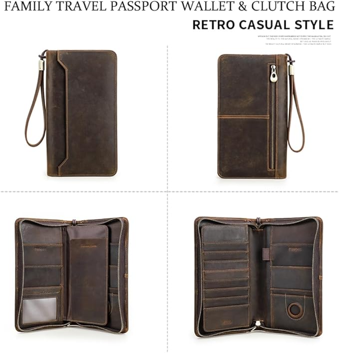 CONTACTS Full Grain Leather Family Passport Holder for 6 Travel Airtag Passport Wallet RFID Blocking Passports Organizer 3 Layer Design Fit 6 Passports, 8 Cards