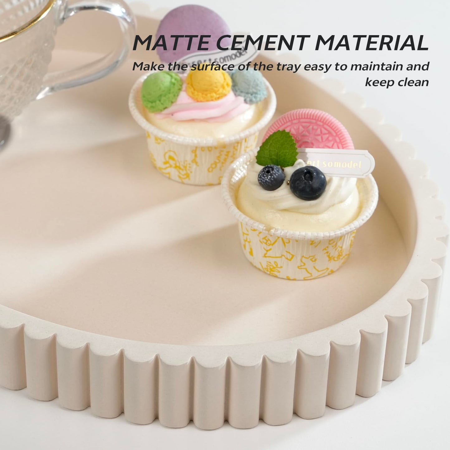 Coffee Table Tray, Large 13"×9.5" Oval Fluted Concrete Tray, Cream Decorative Serving Tray, Home Décor Accent for Ottoman, Kitchen Island & Dining Table Centerpiece