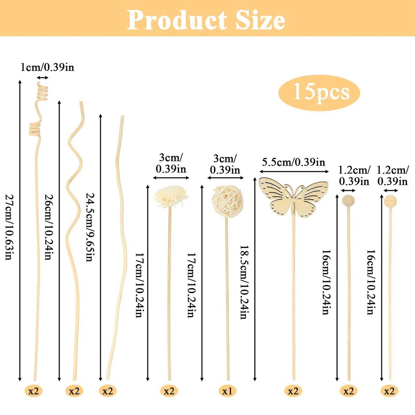 Amabro 15Pcs Natural Rattan Reed Diffuser Sticks Fragrance Oil Diffuser Flower Set Wood Beads Butterfly Replacement for Home Office Aromatherapy Decor