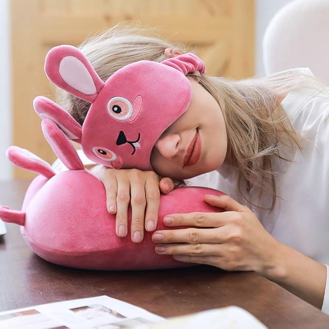 Umerci Travel Pillow, Memory Foam Neck Pillow with 360-Degree Head Support Comfortable Airplane Pillow with Storage Bag Lightweight Traveling Pillow for Sleeping, Car, Train, Bus and Home Use (Bunny)