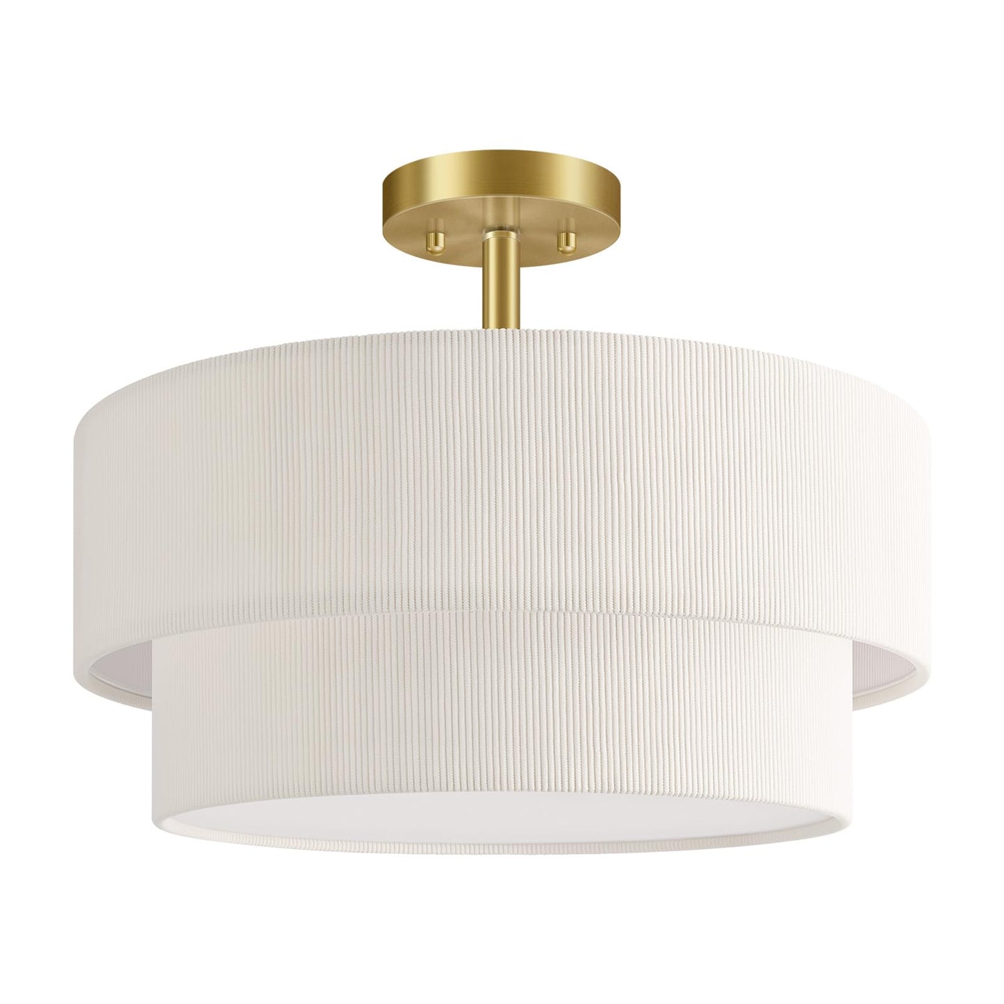 BoostArea 2-Tier Corduroy Semi Flush Mount Ceiling Light, 16.5'' Gold Drum Ceiling Fixture with Beige Fabric Shade, Soft Ambient Glow Close to Ceiling Lamp for Bedroom/Dining Room/Entryway/Low Ceiling