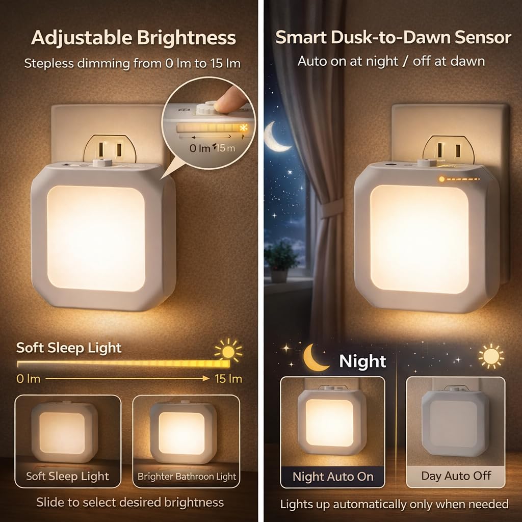 Snugluxe LED Night Lights Plug into Wall 2 Pack, Auto Dusk to Dawn Sensor, Adjustable Warm White, Plug in Nightlight for Bedroom, Kids Room, Bathroom, Hallway, Kitchen, Staircase