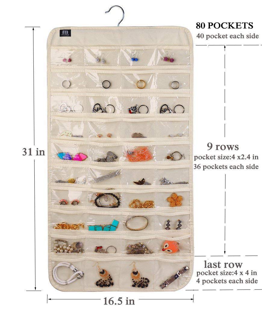 BB Brotrade Hanging Jewelry Organizer,Accessories Organizer,80 Pocket Organizer for Holding Jewelries(Beige)