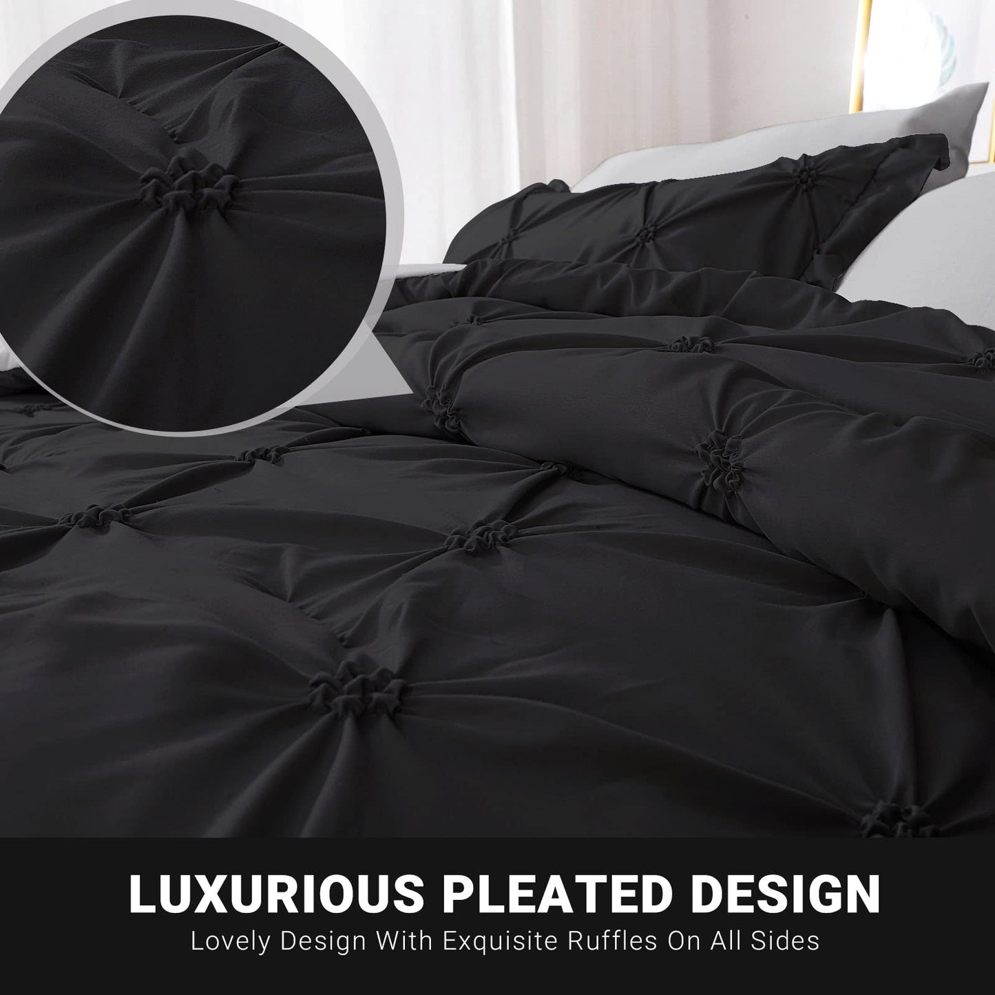 JOLLYVOGUE Queen Comforter Set 7 Pieces, Black/Gray Bedding Comforter Sets with Comforter, Sheets,Ruffled Shams & Pillowcases