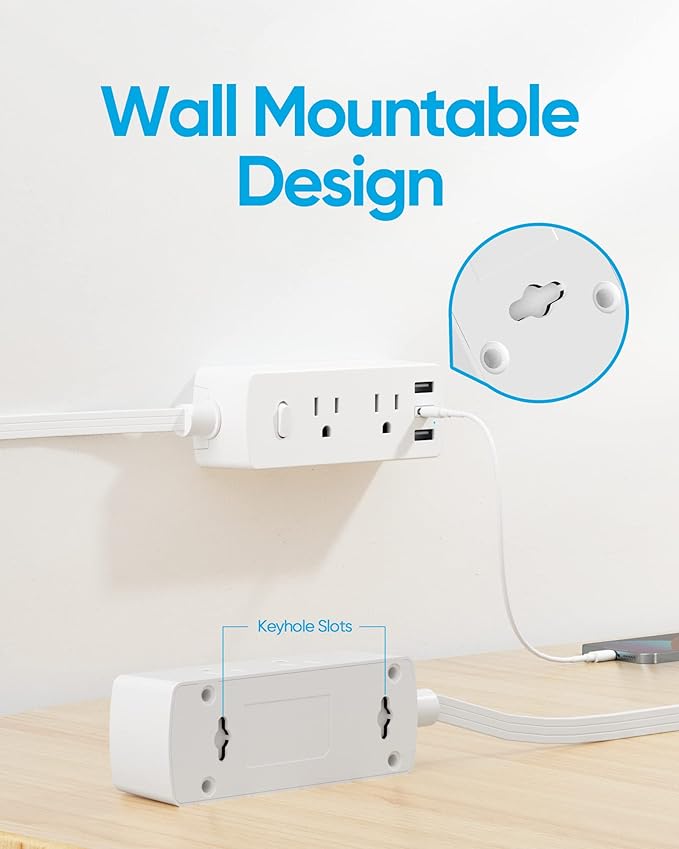 Short Extension Cord 3ft - Olcorife Flat Plug Power Strip with 6 Outlets 3 USB Ports(1 USB C), Small Outlet Extender for Travel Dorm Room Essentials, White