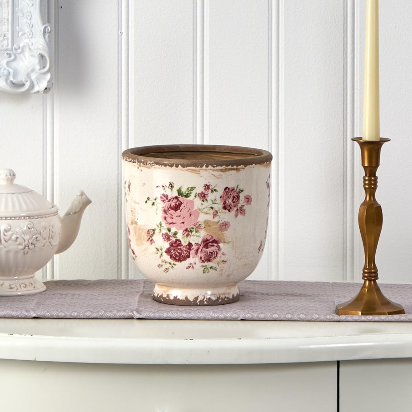 Nearly Natural 7.5in. Tuscan Ceramic Floral Print Planter