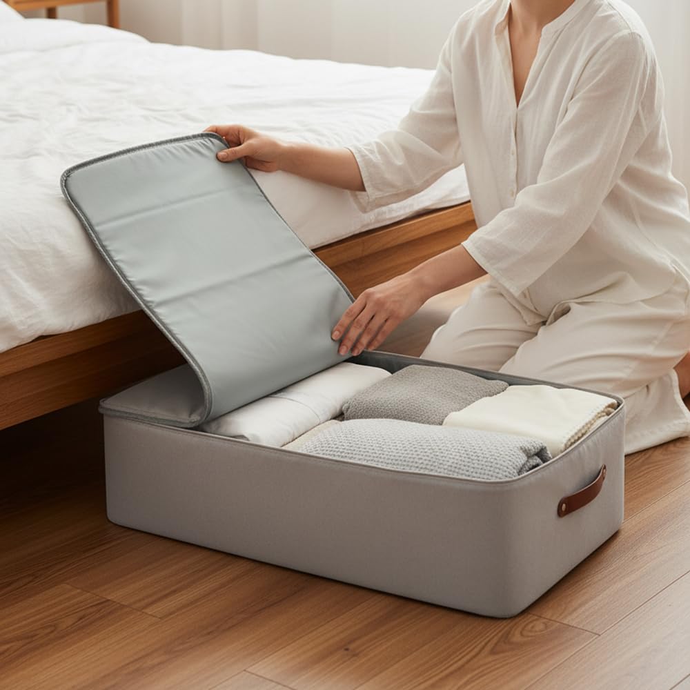 Cloncep Design Under Bed Storage Container – Foldable Underbed Storage Bin for Clothes & Bedding, Premium Canvas Storage Box with Lid, Low Profile 8″ Organizer with Handles