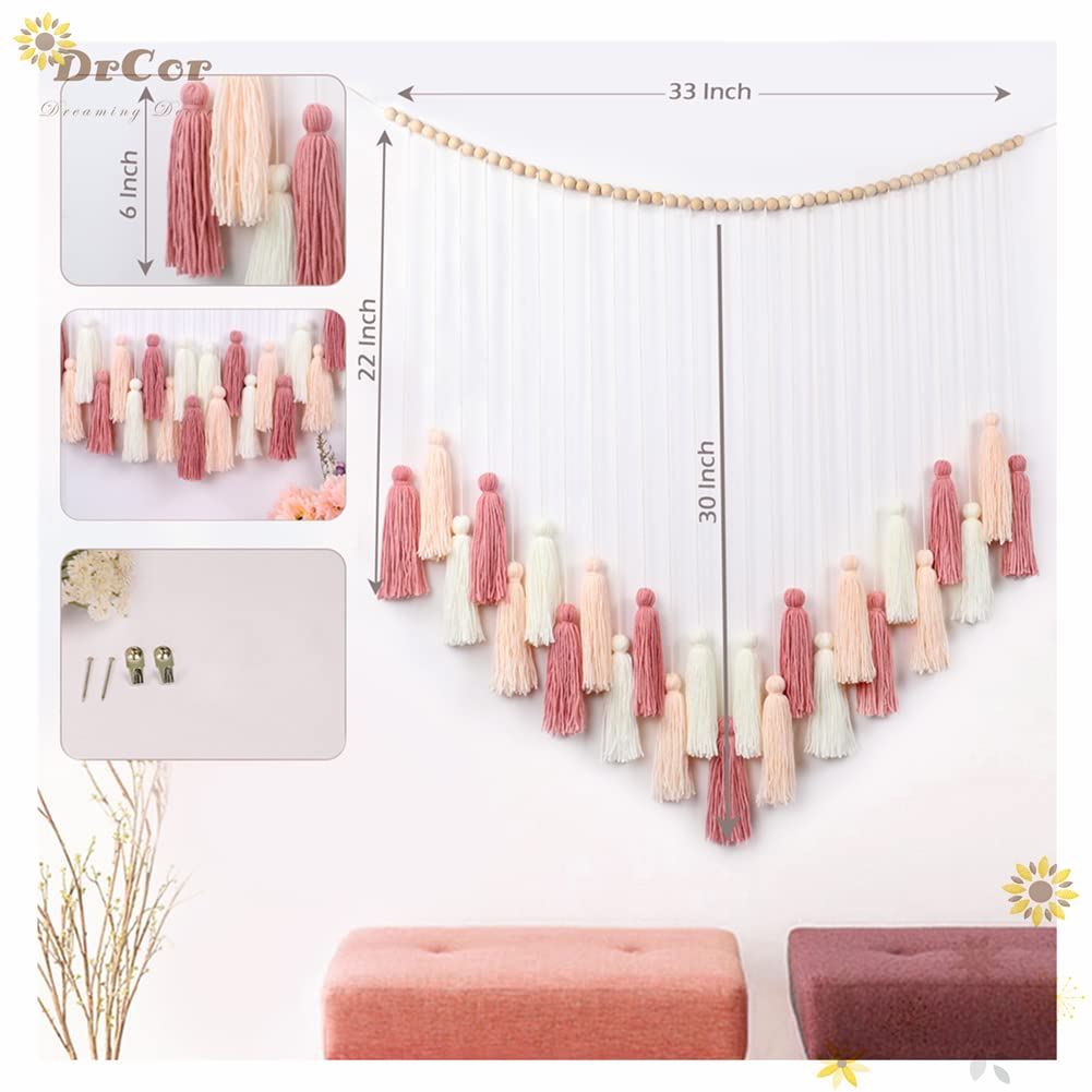 DrCor Blush Pink Macrame Wall Hanging โ Boho Tassel Wall Decor for Nursery, Girls Bedroom, Dorm Room, Baby Shower, Classroom Reading Corner, Wedding Backdrop & Cozy Home Decor