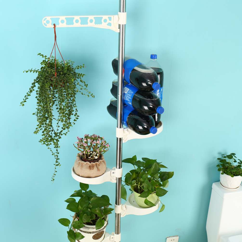 BAOYOUNI 5-Tier Tension Rod Plant Holder Pole, Flower Display Stand Rack Stainless Steel Decorative Shelf, Ivory