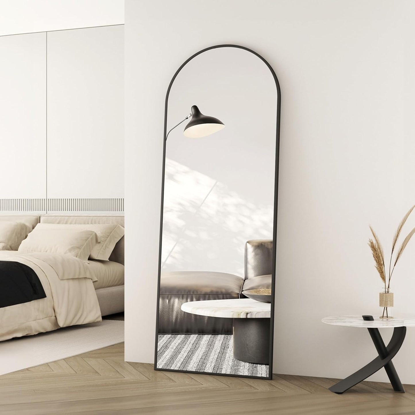 Hexago Arched Floor Full Length Mirror 64"x21", Aluminum Alloy Thin Frame Floor Standing Mirror, Hanging or Leaning for Wall, Suitable for Bedroom, Living Room, Dressing Room, Black