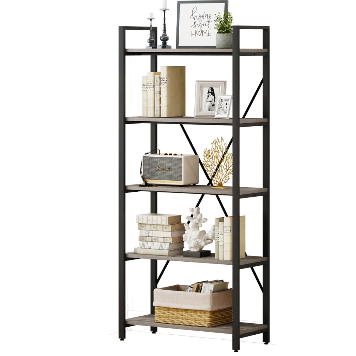 Industrial Bookshelf, Etagere Bookcases and Book Shelf 5 Tier Shelves, Grey Wood and Metal Shelving Unit (Dark Gray Oak)