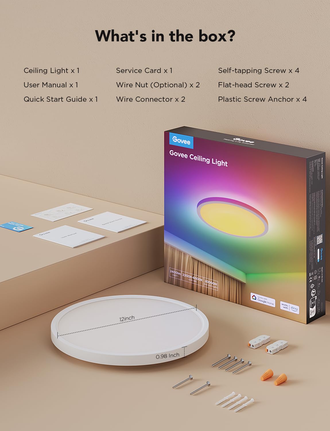Govee Smart Ceiling Light, RGBIC LED Ceiling Light Fixture, 2400LM Flush Mount Light Fixture, DIY Colors, Works with Alexa, 2700K-6500K Lights for Bedroom, Living Room,12 Inch, 1 Pack (White)