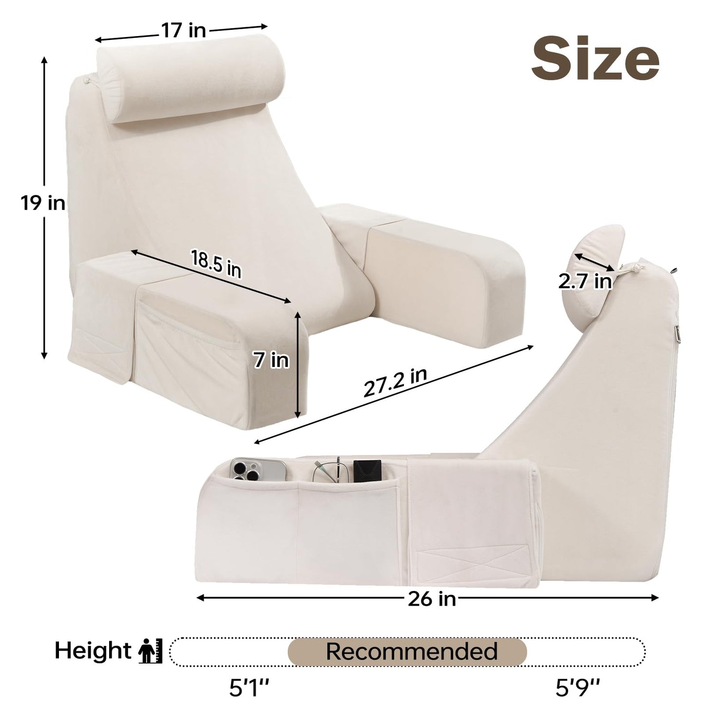 ENITYA 19" Back Pillow for Bed Sitting up, Big Pockets and Washable Removable Cover, Reading Chair for Watching TV/Reading/Gaming/Resting in Bed, Couch or Floor, Medium(Ivory)