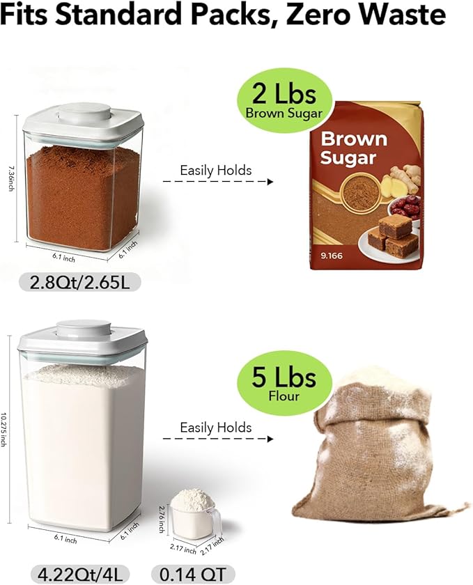 EQI Airtight Food Storage Containers Set with One-Touch Lid, 2-Pack (2.8 QT / 2.65 L) Stackable PET, Best for Cereal, Flour, Rice & Baking Organizers.