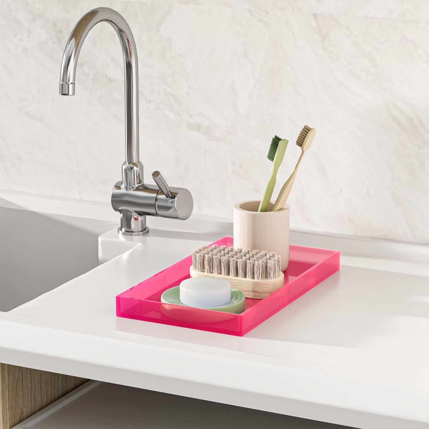Acrylic Tray for Vanity Makeup Perfume Jewelry 12x6'' Small Decorative Tray for Bathroom Dresser Tops Candle Sink Counter, Neon Pink