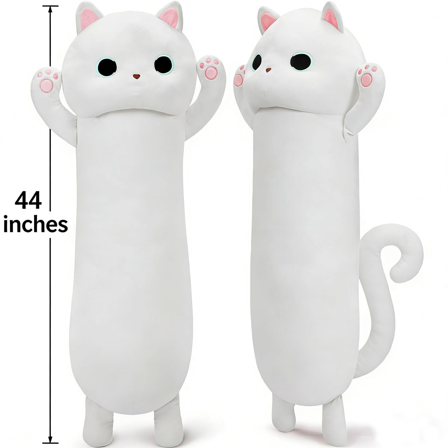 MaoGoLan 44'' Cat Plush Body Pillow, Giant Glow in The Dark Cat Stuffed Animal Pillow for Girl Boy Kid, Long Cute Kitty Plush Pillow for Birthday Gift, Baby Shower Party Decor, White