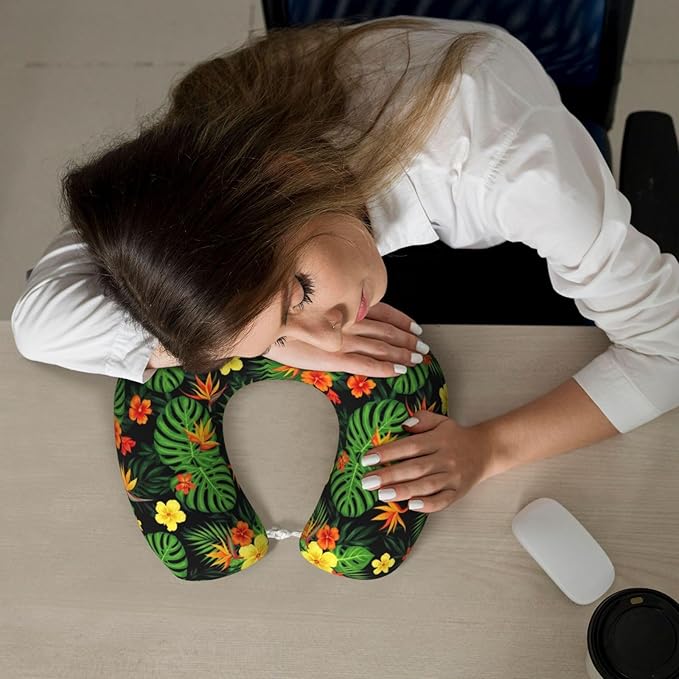 Support Neck Pillow for Youth Travel, Washable Airplane Chin Supporting and Relax U Shaped Pillows Tropical Hawaiian Hibiscus Flowers