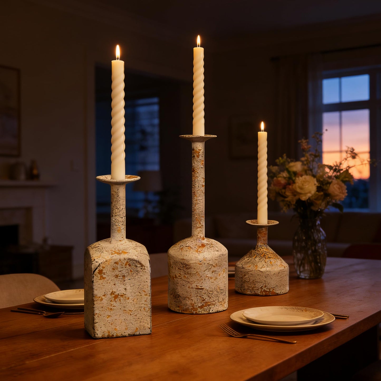 Twakutwaku Farmhouse Metal Candlestick Holders in Shabby White Finish, Tall Taper Candle Holder, Set of 3, Industrial Farmhouse Style, Decor for Table Centerpiece