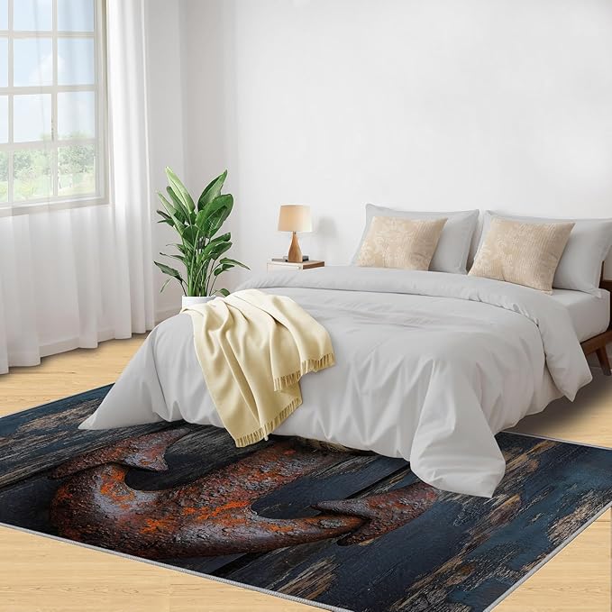 Nautical Anchor 2x3 Area Rugs,Distressed Wood Bedroom Rug Nautical Style Non-Slip Washable Rug for Living Room Nursery Kitchen Low-Pile Carpet