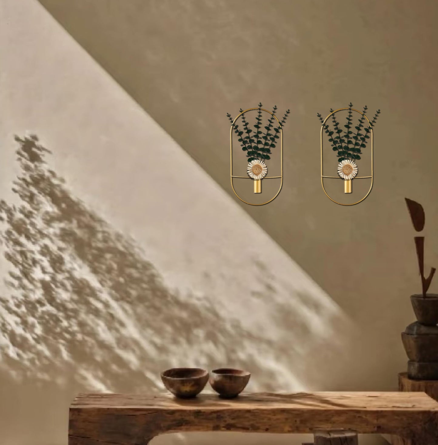 2 Pack Gold Metal Plants Wall Hanging Decor, Metal Hanging Vase for Living Room, Bedroom, Bathroom, Dining Room, Wall-Mounted Plant Decor with Artificial Plants