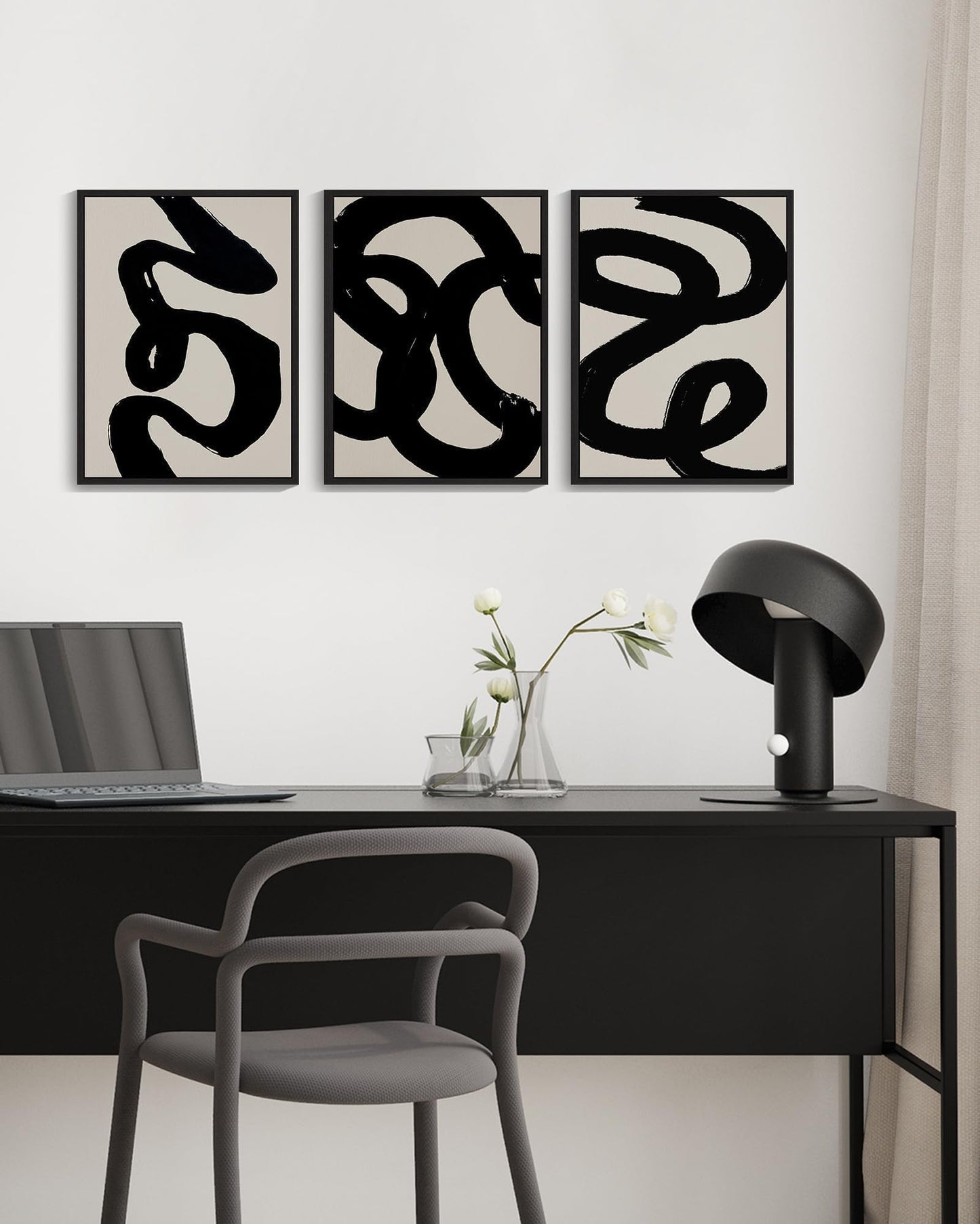 PHOPAGO Black Abstract Wall Art Ink Wash Minimalist Lines Framed Canvas Painting Artwork 11x14in Black Framed
