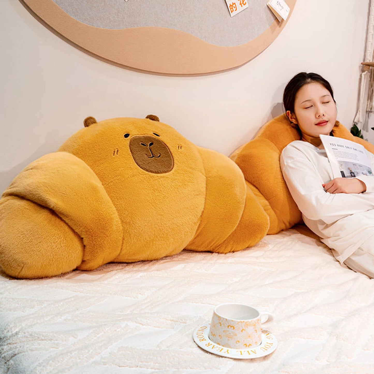 PEACH CAT Croissant Capybara Plush Pillow Cute Toast Bread Stuffed Animals Soft Food Plushies Toy Gifts for Kids 17.7"