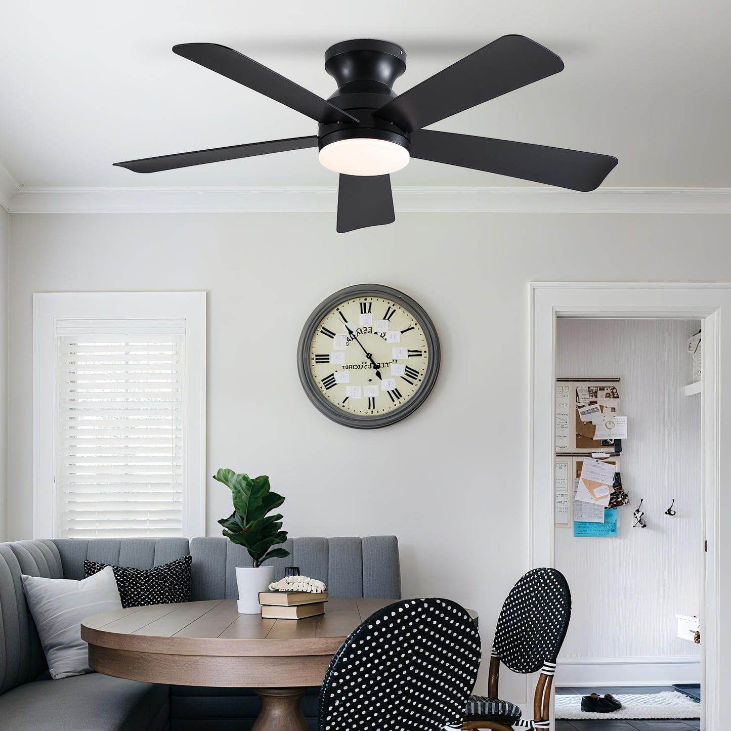 46 inch Ceiling Fans with Lights, Black Flush Mount Ceiling Fan with Remote, 3CCT, LED Dimmable, Reversible, 6 Fan Speeds, Quite Low Profile Ceiling Fan with Lights Modern Bedroom Kitchen Indoor