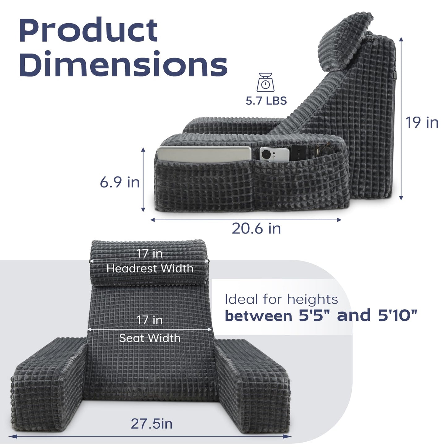 Vekkia Reading Pillow,Back Pillow for Bed Sitting Up Adult,Backrest Support Pillow with Build-in Arms & XL Pockets,Rest Chair for Reading,Gaming,Relaxing,Working or Watching TV in Bed/Floor-19'' Grey