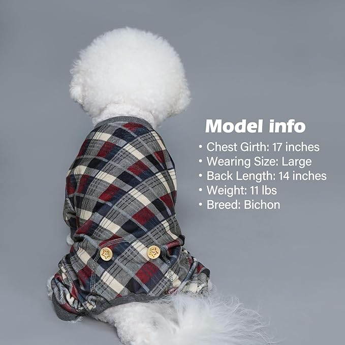 KYEESE Dog Pajamas Soft Plaid Pjs Comfy Doggie Jammies for Small Dogs Boy Girl Velvet Stretchy Dog Clothes Coat Pet Onesie, Grey, Small